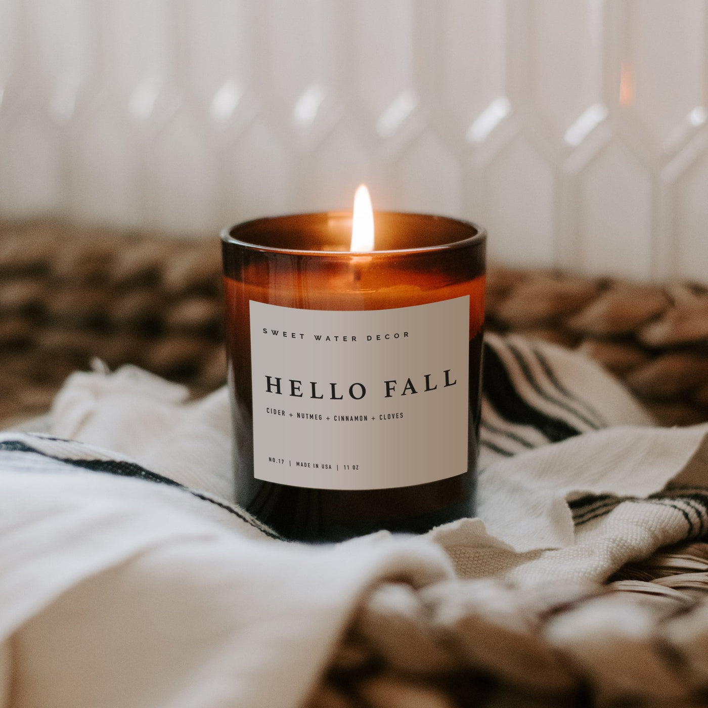 Hello Fall Soy Candle - Amber Jar - 11 oz - Sweet Water Decor - Candles