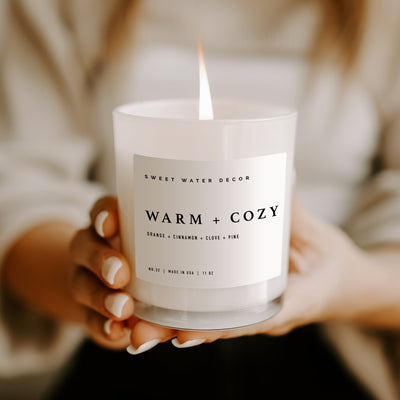 Warm and Cozy Soy Candle - White Jar - 11 oz - Sweet Water Decor - Candles