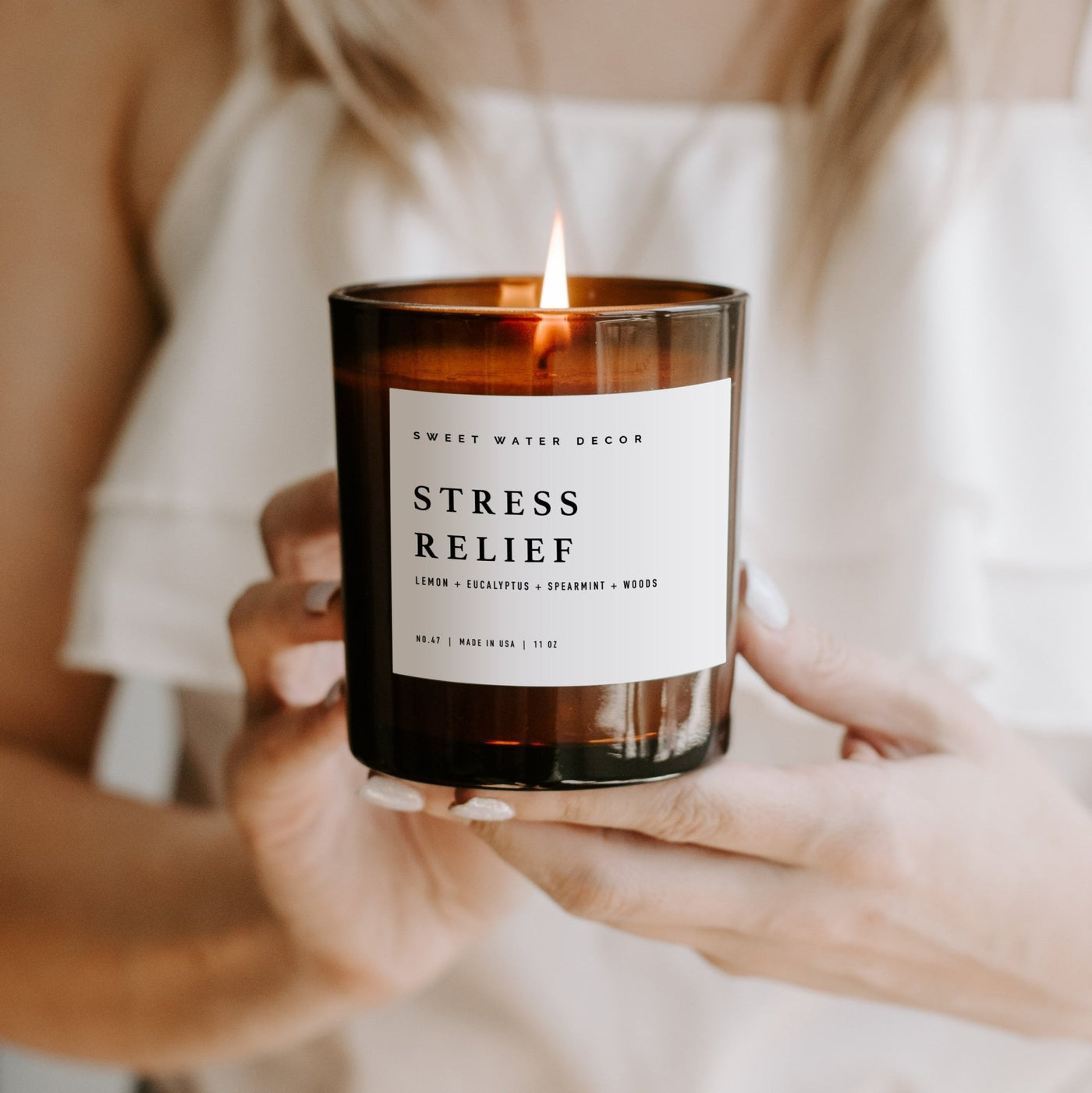 Stress Relief Soy Candle - Amber Jar - 11 oz - Sweet Water Decor - Candles