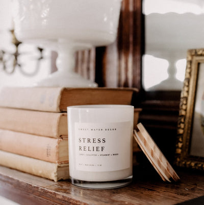 Stress Relief Soy Candle - White Jar - 11 oz - Sweet Water Decor - Candles