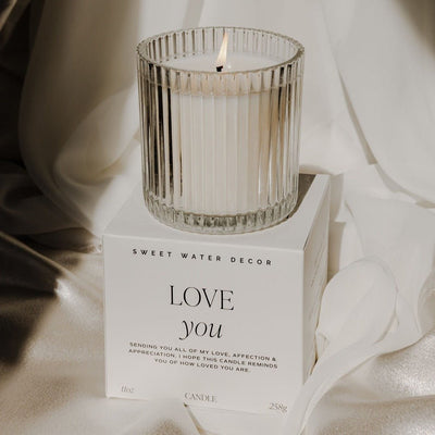 Love You Fluted Soy Candle - Ribbed Glass Jar with Box - 11 oz - Sweet Water Decor - Candles