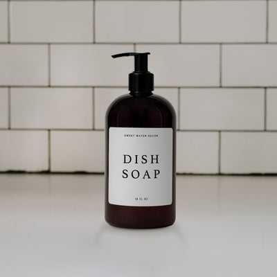 16oz Amber Plastic Dish Soap Dispenser - White Text Label - Sweet Water Decor - Dispensers