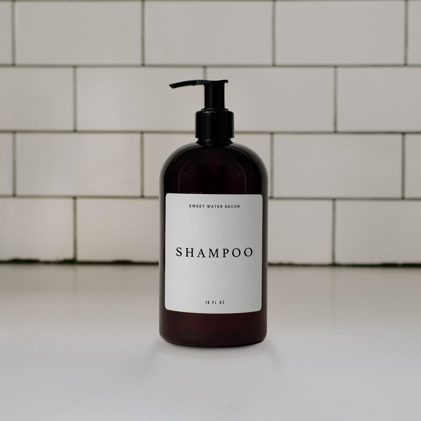 16oz Amber Plastic Shampoo Dispenser - White Text Label - Sweet Water Decor - Dispensers