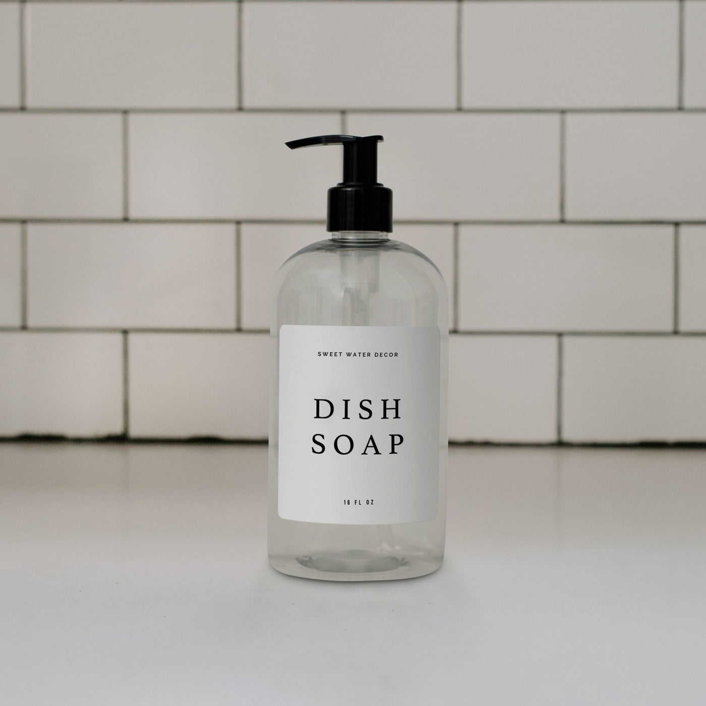 16oz Clear Plastic Dish Soap Dispenser - White Text Label - Sweet Water Decor - Dispensers