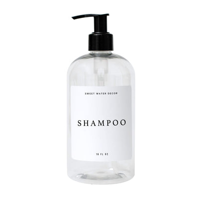16oz Clear Plastic Shampoo Dispenser- White Text Label - Sweet Water Decor - Dispensers