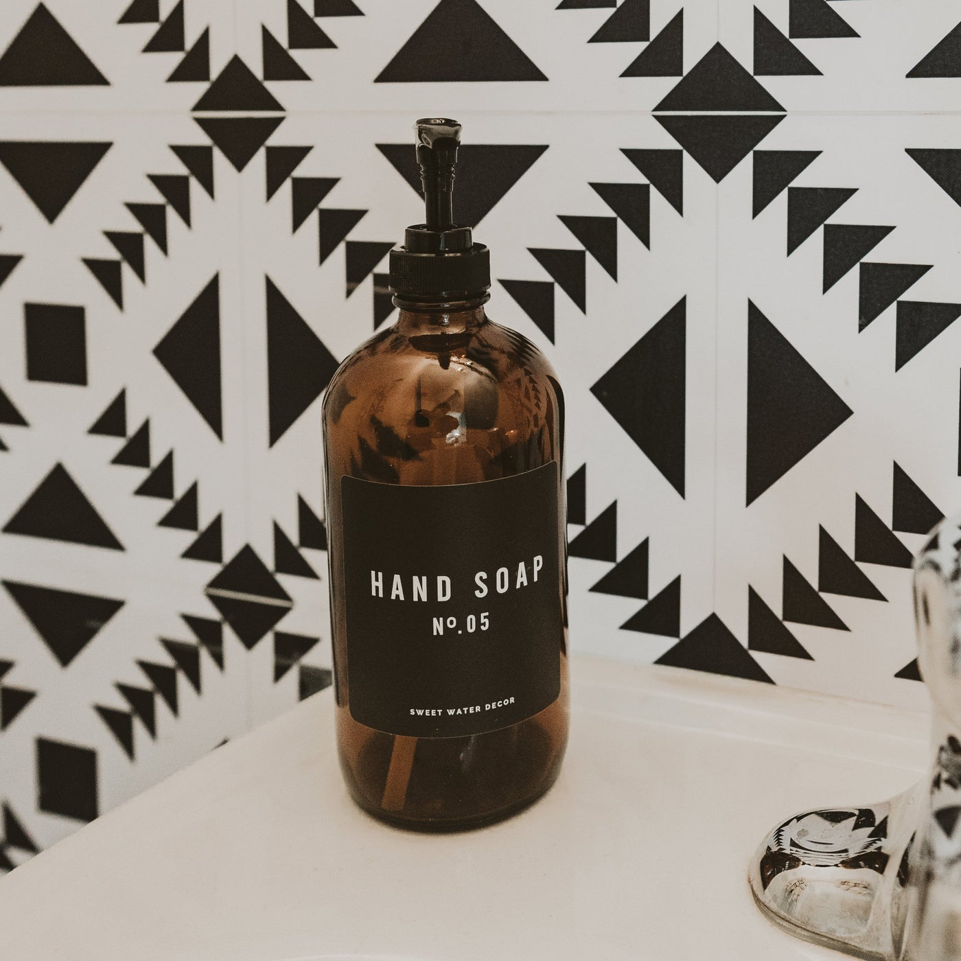 16oz Amber Glass Hand Soap Dispenser - Black Label - Sweet Water Decor - Dispensers