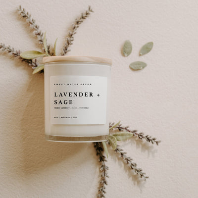 Lavender and Sage Soy Candle - White Jar - 11 oz - Sweet Water Decor - Candles