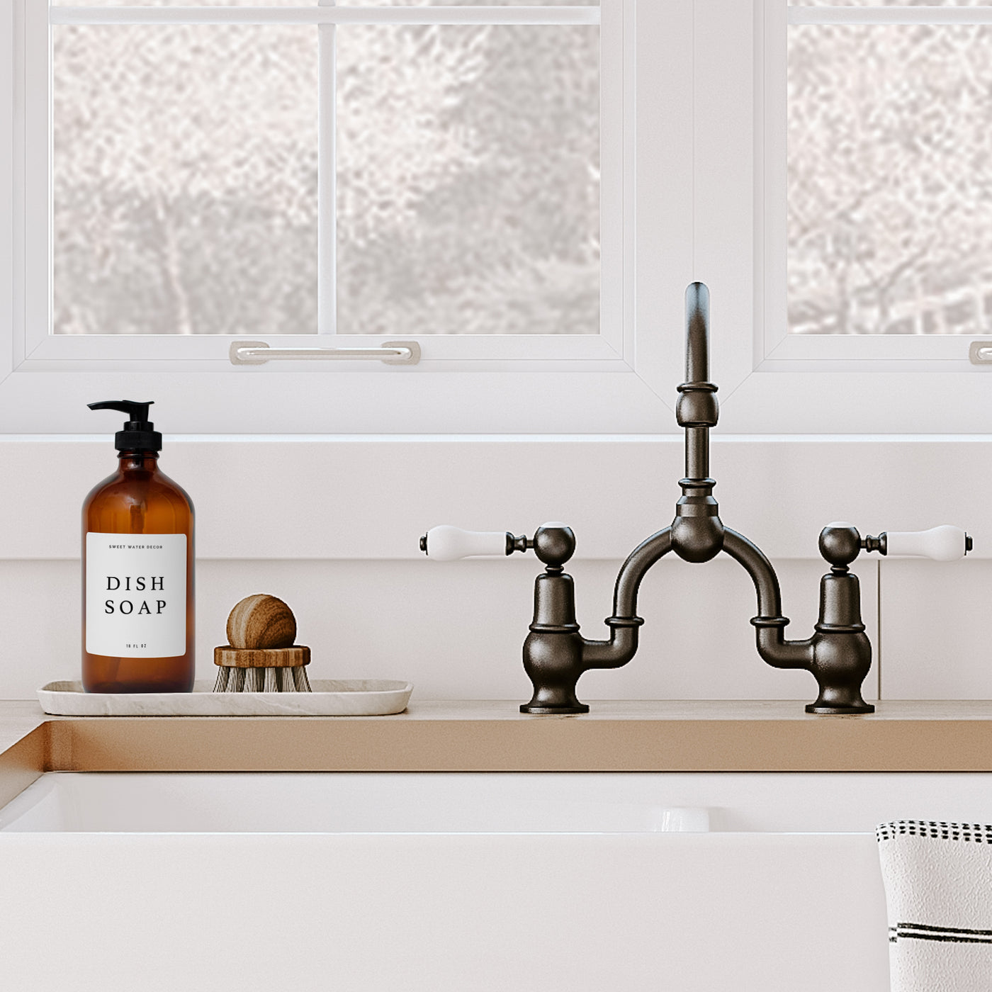 16oz Amber Glass Dish Soap Dispenser - White Text Label - Sweet Water Decor - Dispensers