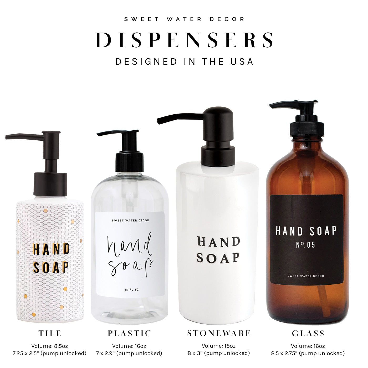 16oz Amber Glass Hand Soap Dispenser - White Text Label - Sweet Water Decor - Dispensers