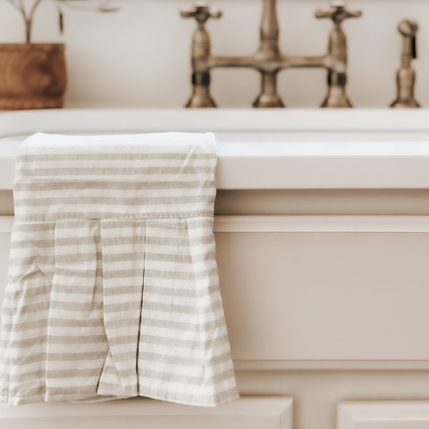 Tan Striped Tea Towel with Ruffle - Sweet Water Decor - Hand Towels
