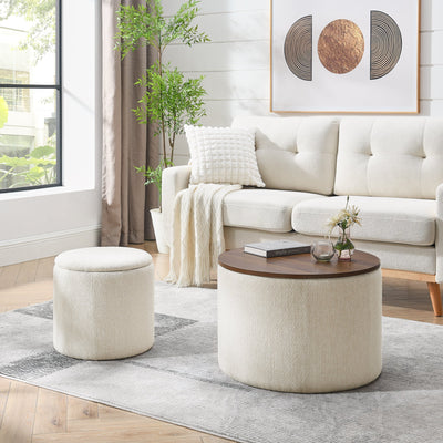 Walker Edison | Chenille 2 - Piece Set Round Storage Ottomans - Sweet Water Decor - Storage & Organization