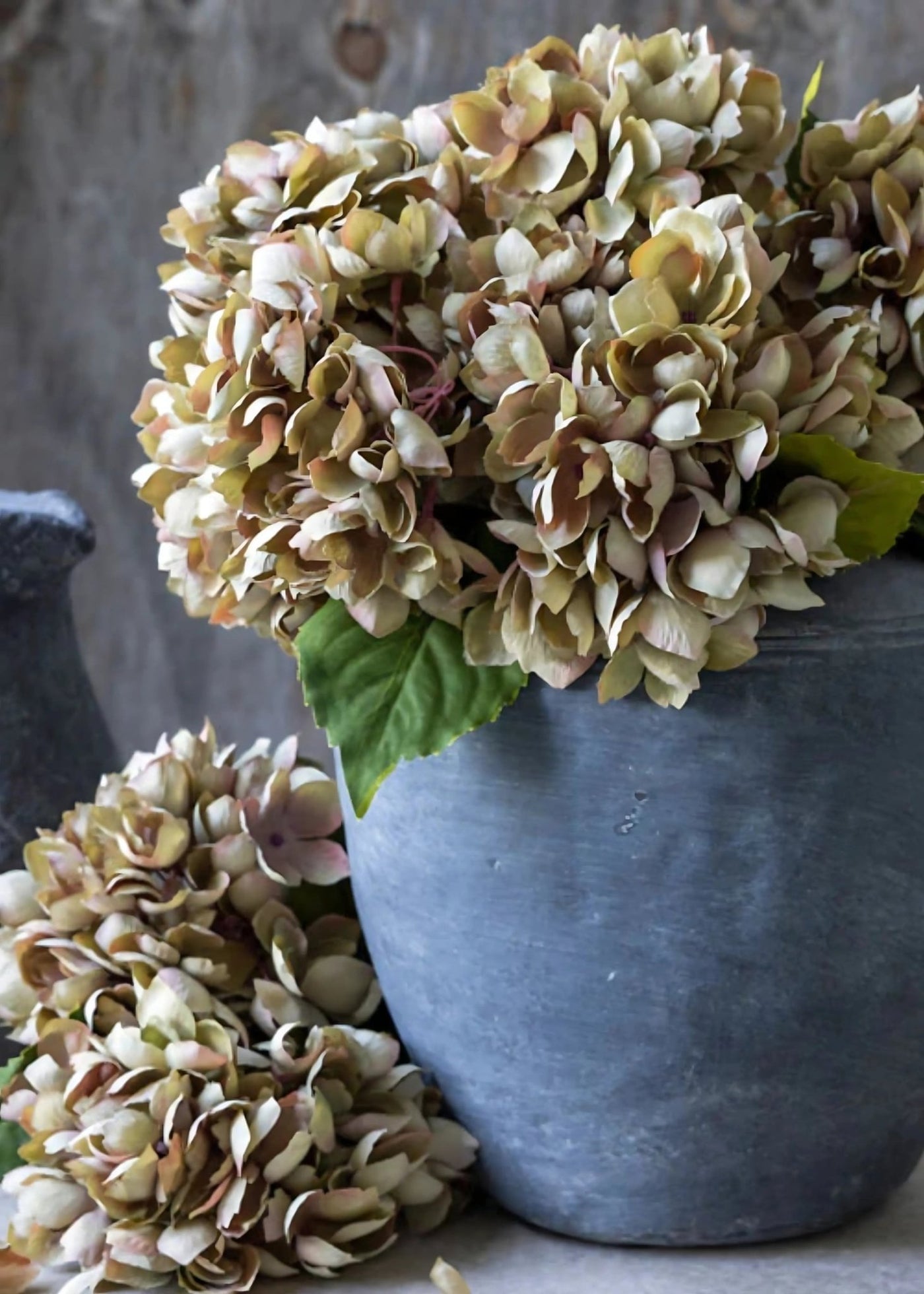 Dried Look Artificial Hydrangea in Vintage Taupe - 13.75" - Sweet Water Decor - faux flower