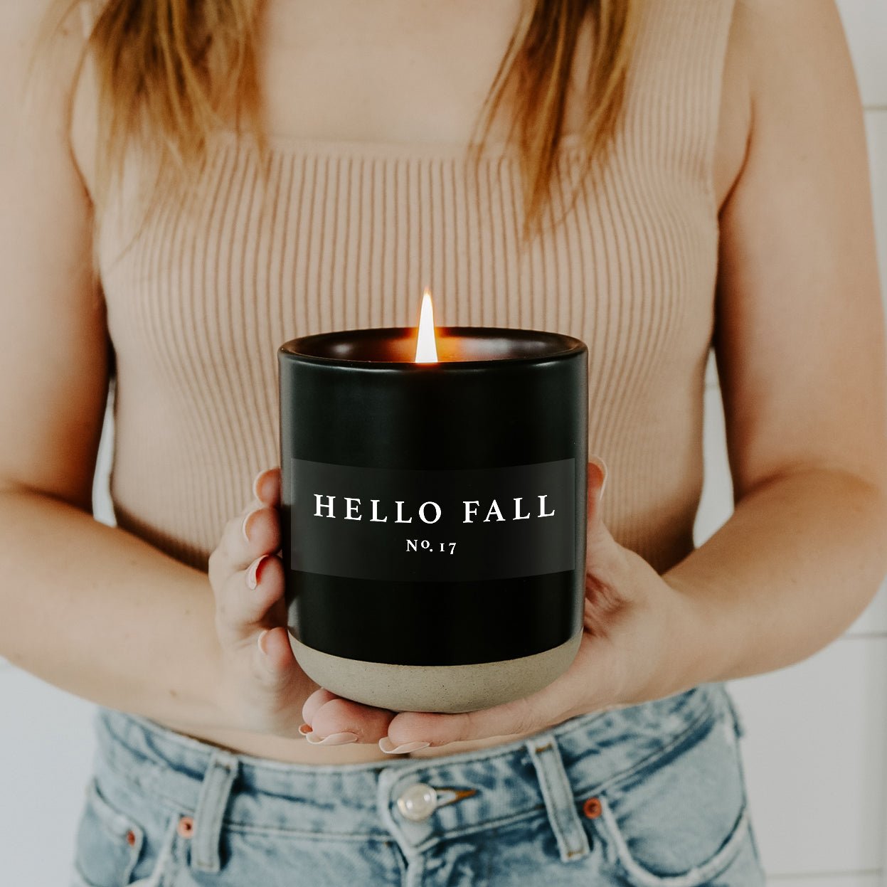 Hello Fall Soy Candle - Black Stoneware Jar - 12 oz - Sweet Water Decor - Candles