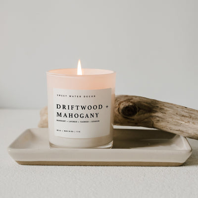 Driftwood and Mahogany Soy Candle - White Jar - 11 oz - Sweet Water Decor - Candles