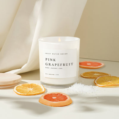 Pink Grapefruit Soy Candle - White Jar - 11 oz - Sweet Water Decor - Candles