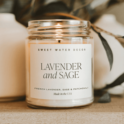 Lavender and Sage Soy Candle - Clear Jar - 9 oz - Sweet Water Decor - Candles