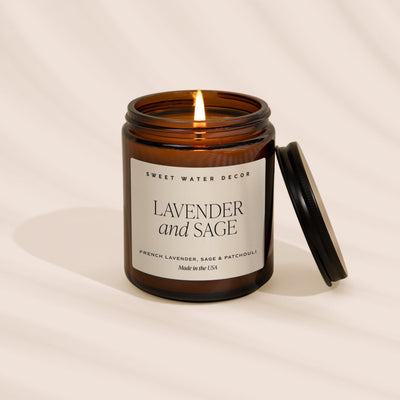 Lavender and Sage Soy Candle - Amber Jar - 9 oz - Sweet Water Decor - Candles
