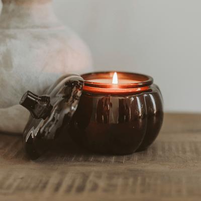 Hello Fall Soy Candle - Amber Glass Pumpkin Jar - 20 oz - Sweet Water Decor - Candles