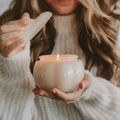 Warm and Cozy Soy Candle - White Translucent Glass Pumpkin Jar - 20 oz - Sweet Water Decor - Candles