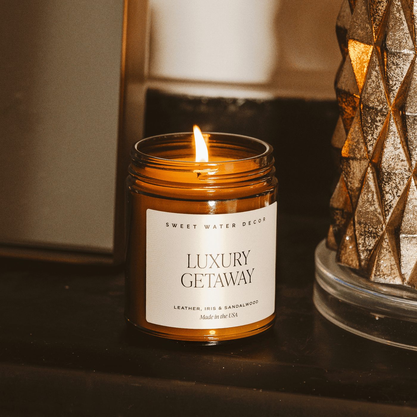 Luxury Getaway Soy Candle - Amber Jar - 9 oz - Sweet Water Decor - Candles