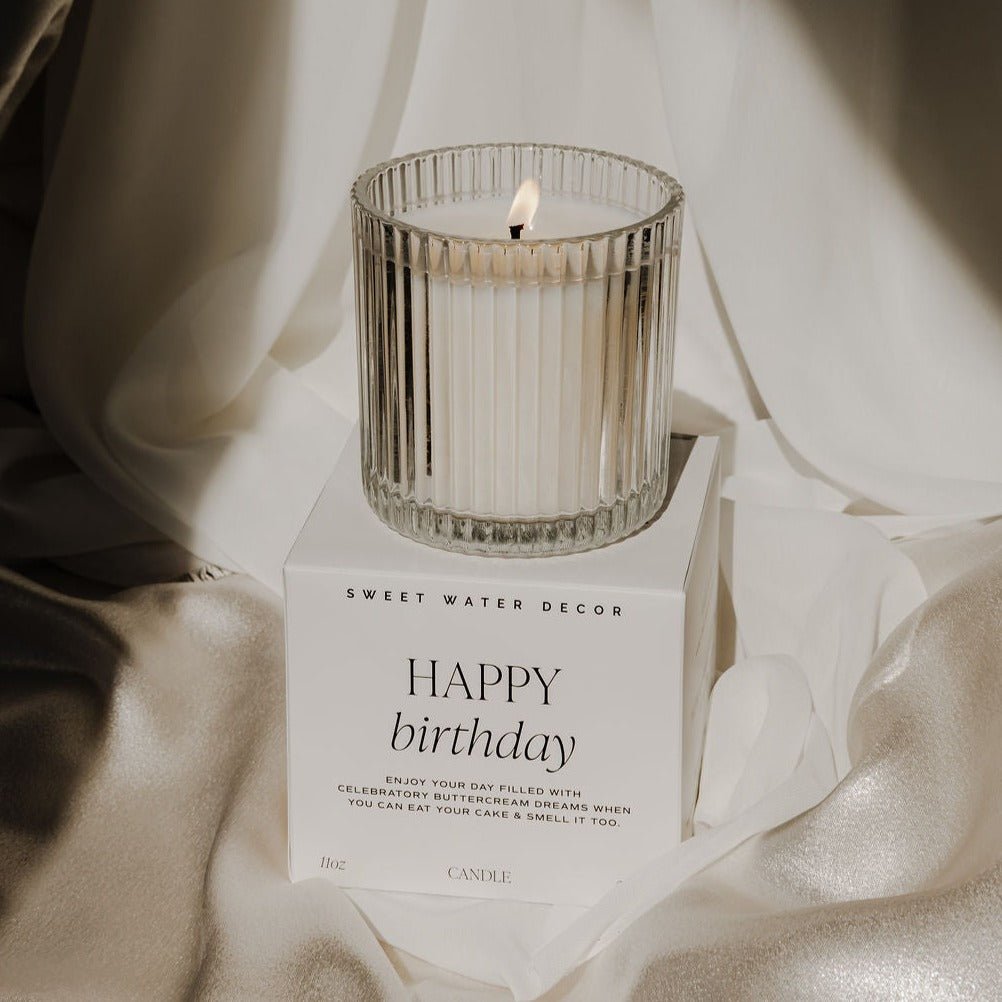 Happy Birthday Soy Candle - Ribbed Glass Jar with Box - 11 oz - Sweet Water Decor - Candles