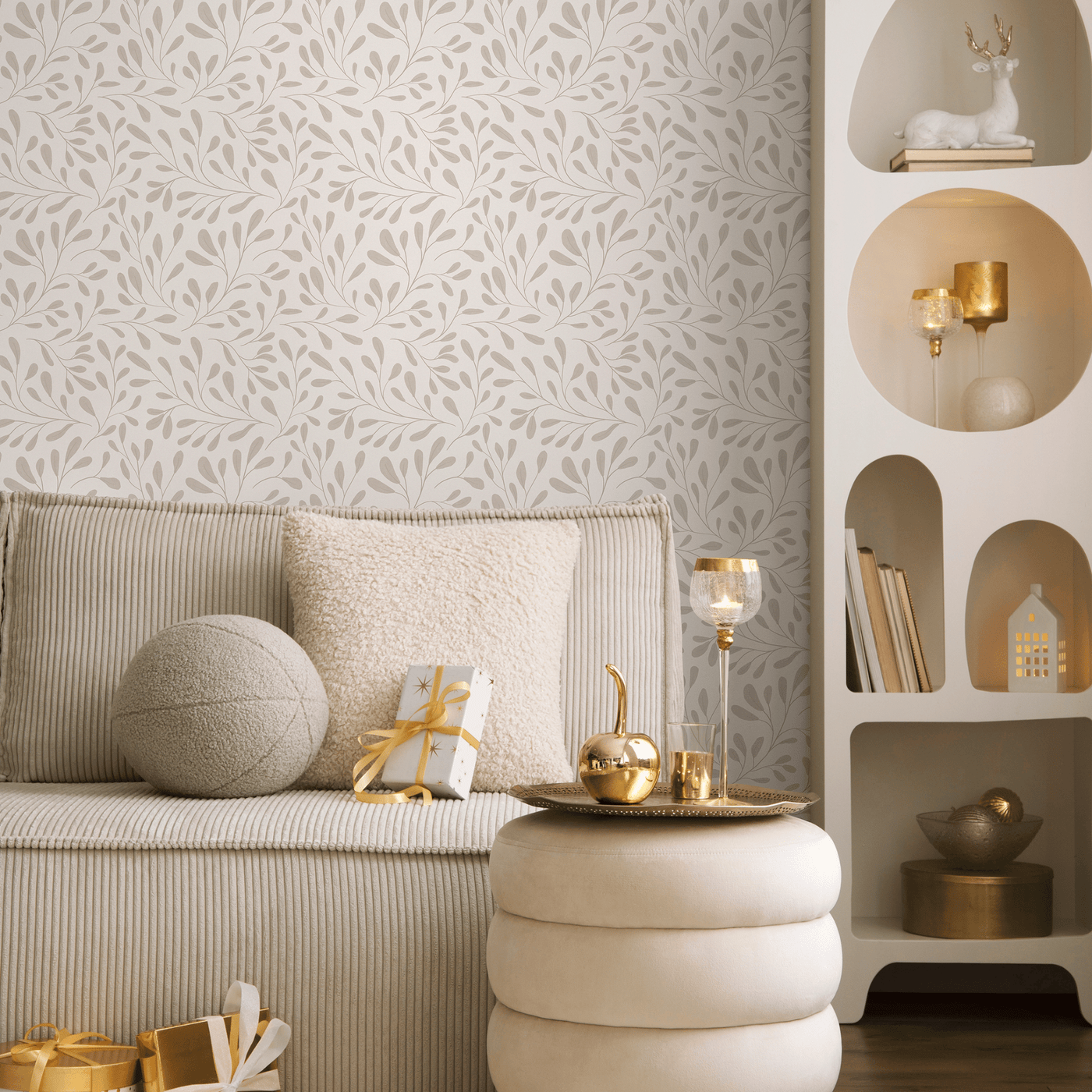 Leaf Wallpaper with a Delicate Vine Motif in Beige - C911 - Sweet Water Decor - Wallpaper