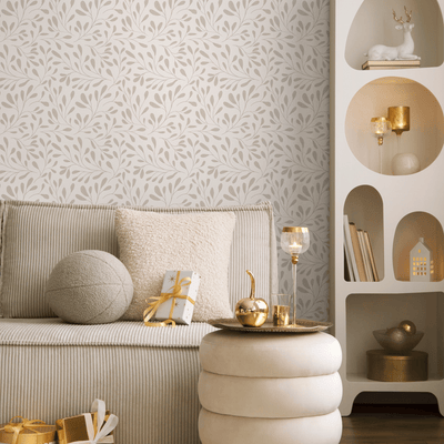Leaf Wallpaper with a Delicate Vine Motif in Beige - C911 - Sweet Water Decor - Wallpaper