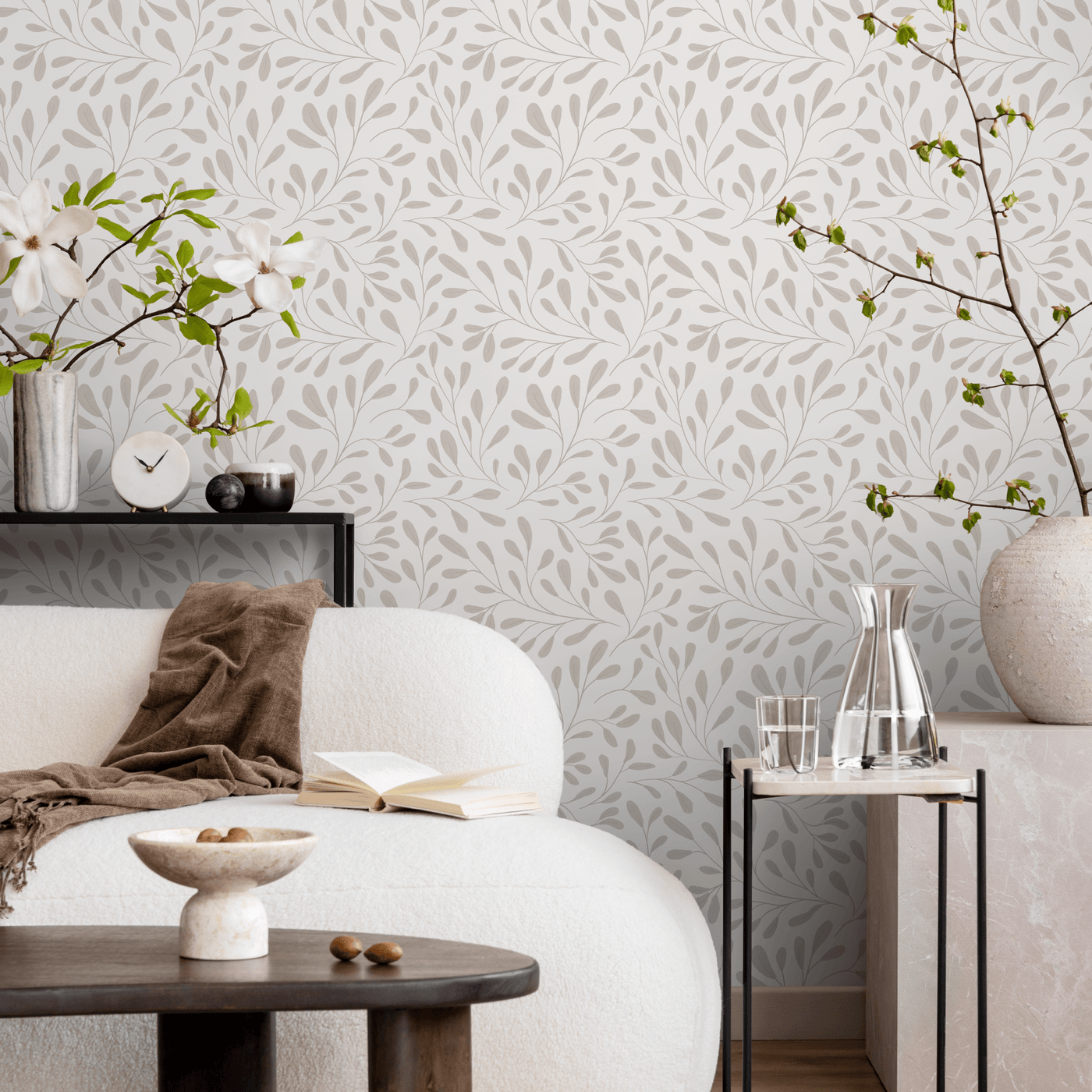 Leaf Wallpaper with a Delicate Vine Motif in Beige - C911 - Sweet Water Decor - Wallpaper