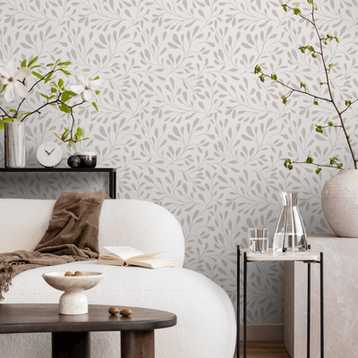 Leaf Wallpaper with a Delicate Vine Motif in Beige - C911 - Sweet Water Decor - Wallpaper