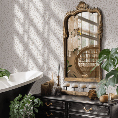 Leaf Wallpaper with a Delicate Vine Motif in Beige - C911 - Sweet Water Decor - Wallpaper