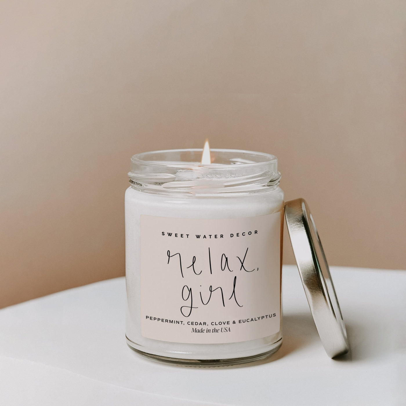 Relax, Girl Soy Candle - Clear Jar - 9 oz - Sweet Water Decor - Candles