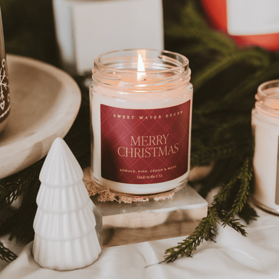Merry Christmas Soy Candle | 9oz. Clear Jar (Christmas Tree) - Sweet Water Decor - Candles