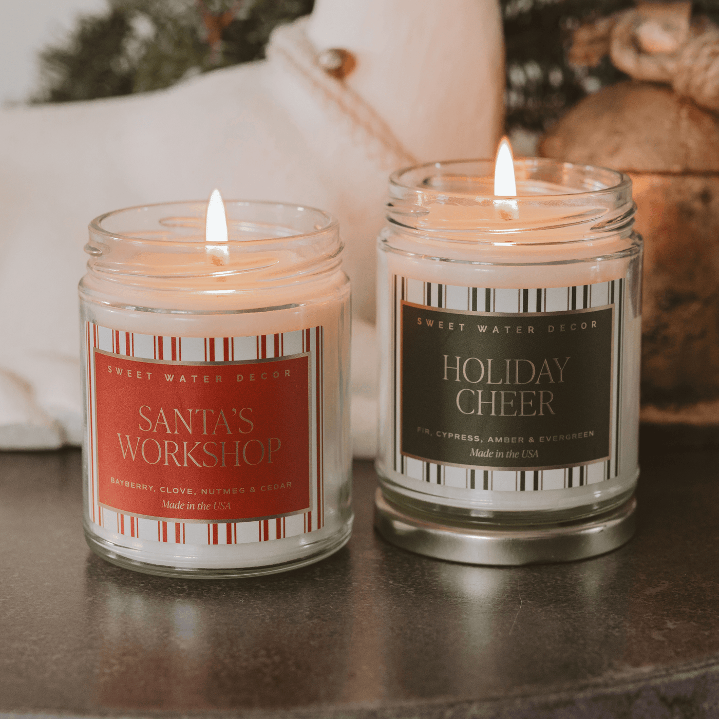 Holiday Cheer Soy Candle - 9 oz Patterned Clear Jar - Sweet Water Decor - Candles