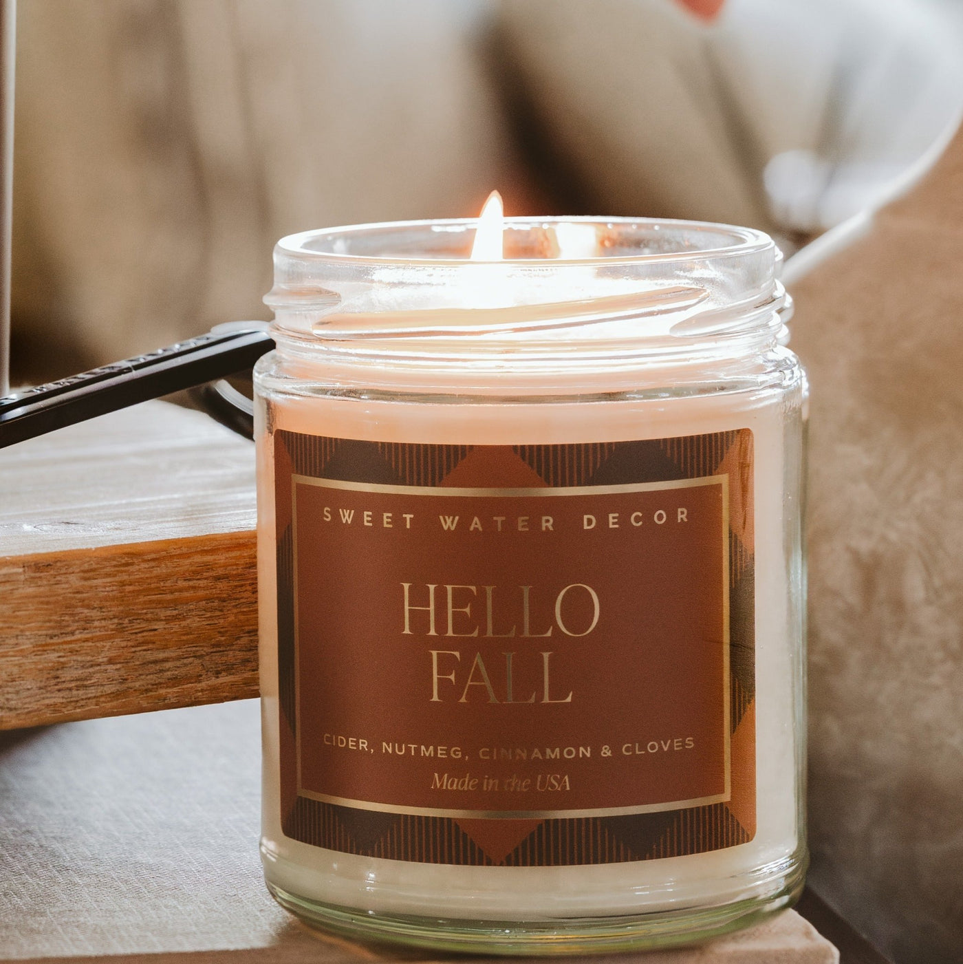 Hello Fall Soy Candle - Patterned 9 oz - Clear Jar - Sweet Water Decor - Candles