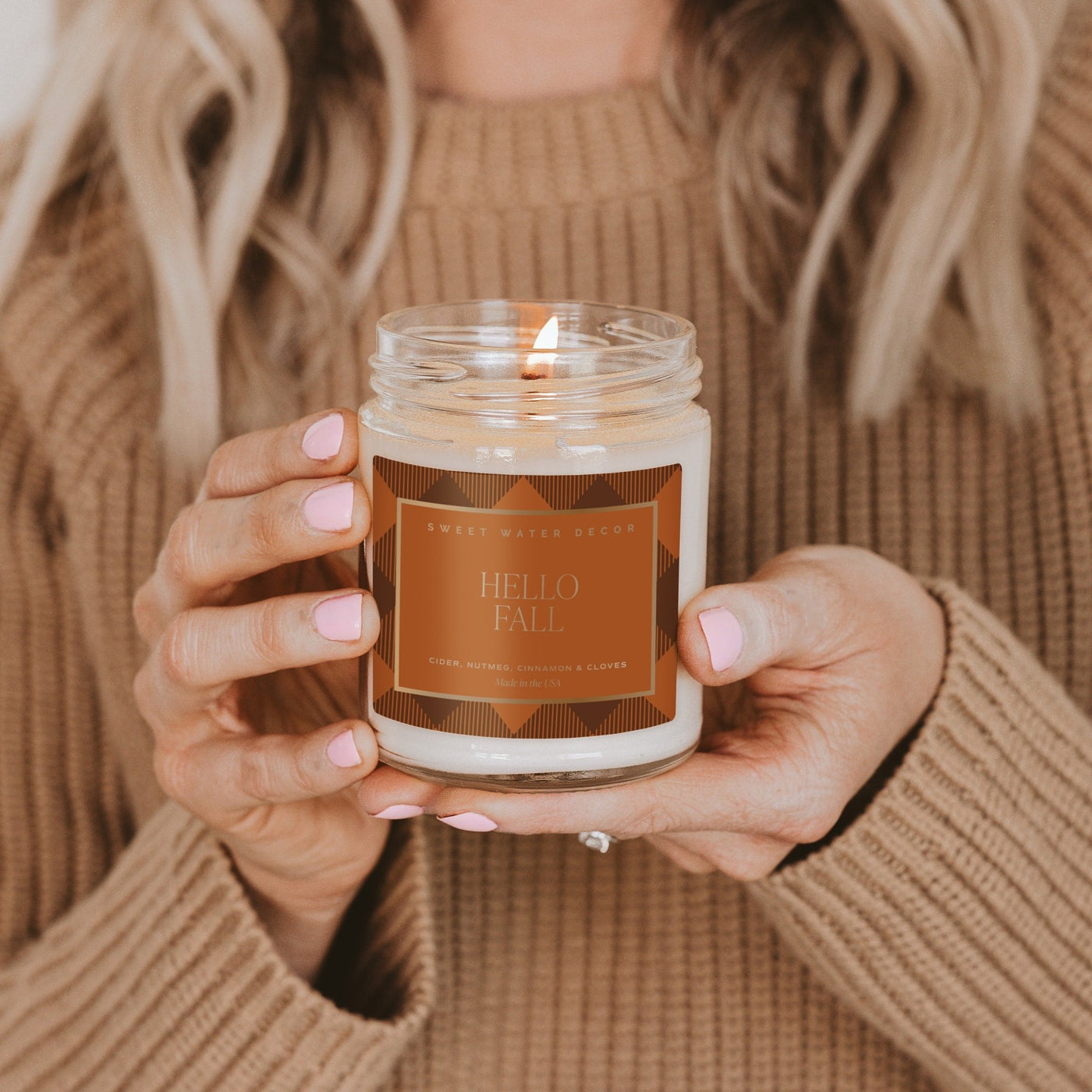 Hello Fall Soy Candle - Patterned 9 oz - Clear Jar - Sweet Water Decor - Candles