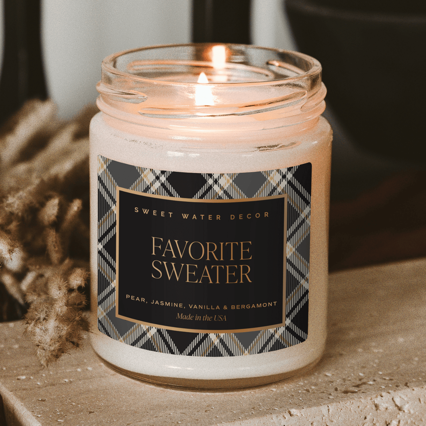 Favorite Sweater Soy Candle - Patterned 9 oz - Clear Jar (Cashmere and Vanilla) - Sweet Water Decor - Candles