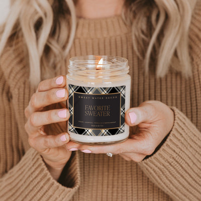 Favorite Sweater Soy Candle - Patterned 9 oz - Clear Jar (Cashmere and Vanilla) - Sweet Water Decor - Candles