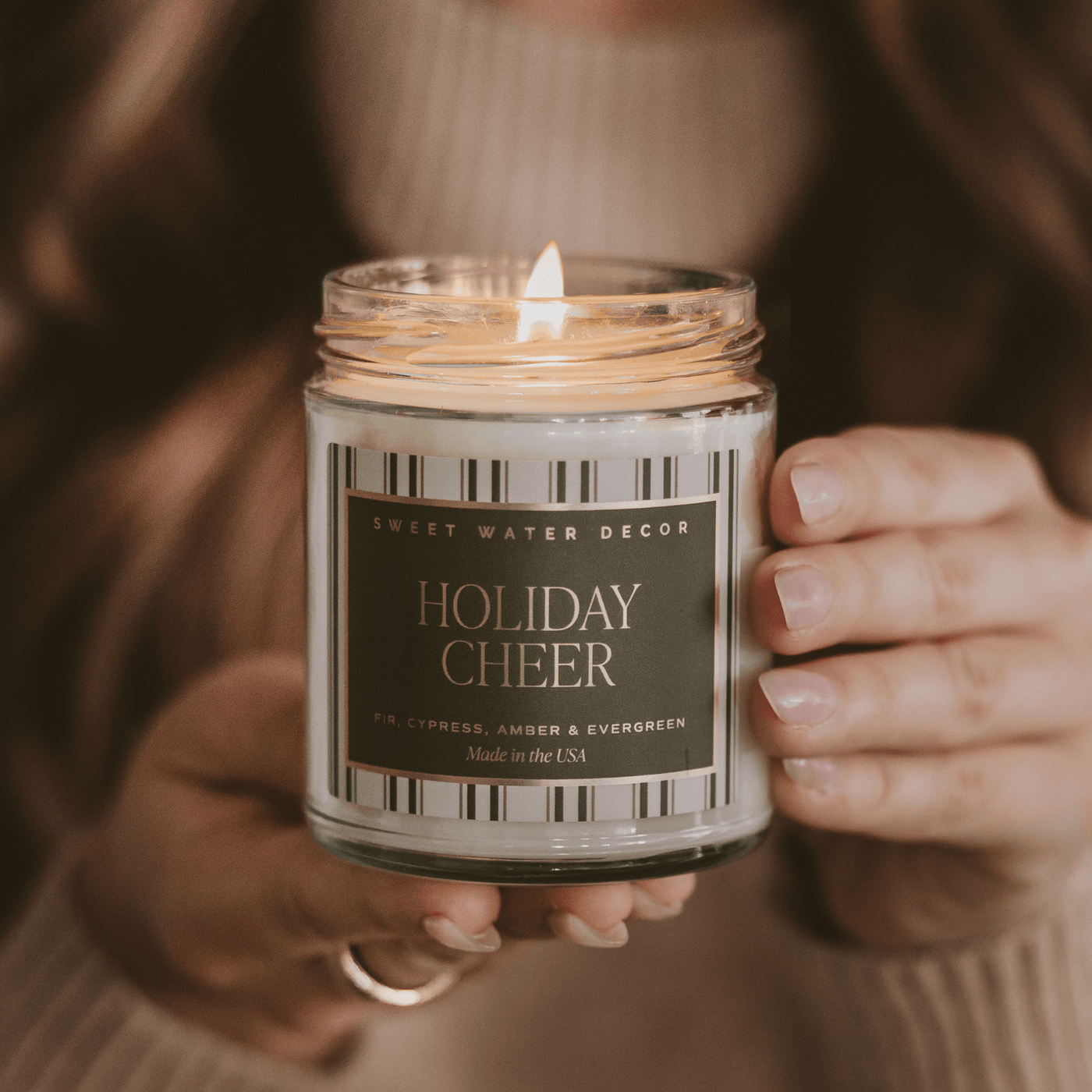 Holiday Cheer Soy Candle - 9 oz Patterned Clear Jar - Sweet Water Decor - Candles