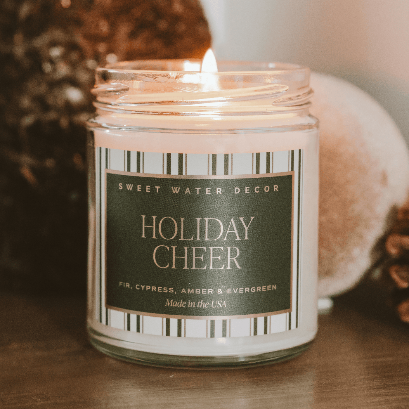 Holiday Cheer Soy Candle - 9 oz Patterned Clear Jar - Sweet Water Decor - Candles