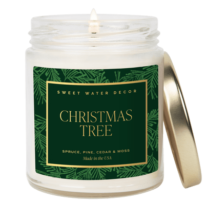 Christmas Tree Soy Candle - Patterned Clear Jar - 9 oz - Sweet Water Decor - Candles