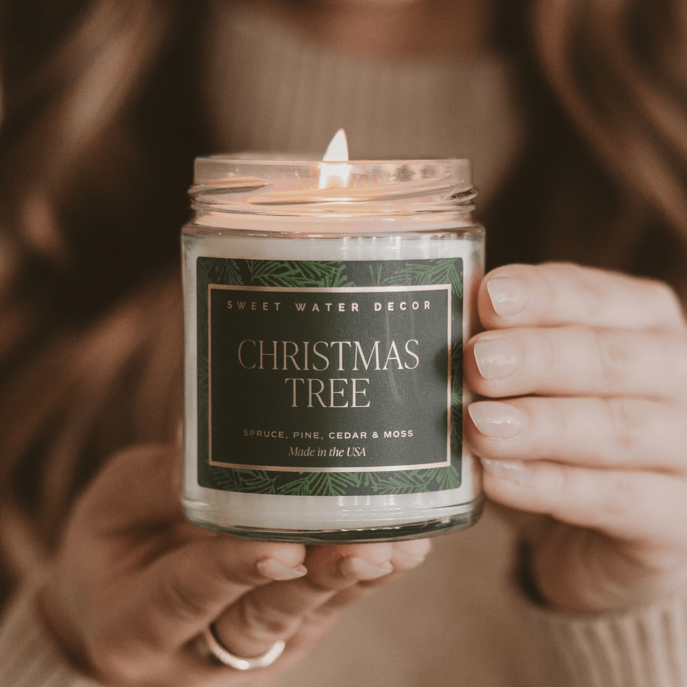 Christmas Tree Soy Candle - Patterned Clear Jar - 9 oz - Sweet Water Decor - Candles