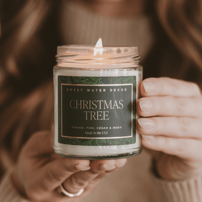 Christmas Tree Soy Candle - Patterned Clear Jar - 9 oz - Sweet Water Decor - Candles
