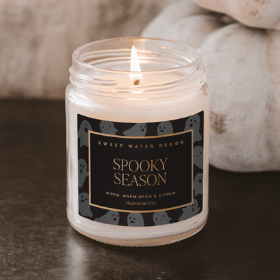 Spooky Season Soy Candle - Patterned 9 oz - Clear Jar (Cozy Season) - Sweet Water Decor - Candles