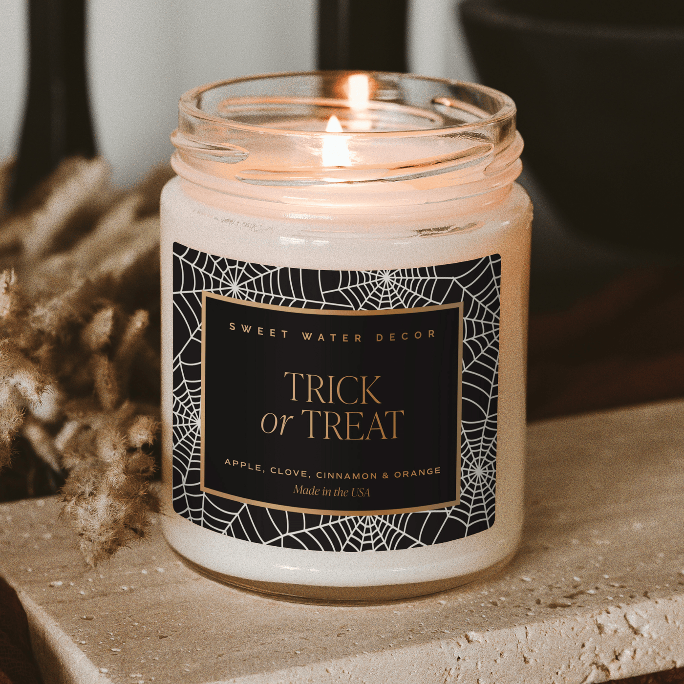 Trick or Treat Soy Candle - Patterned 9 oz - Clear Jar (Farmhouse) - Sweet Water Decor - Candles