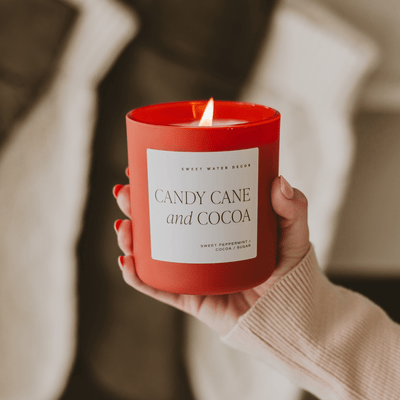 Candy Cane and Cocoa Soy Candle - Red Matte Jar - 15 oz (Hot Cocoa and Peppermint) - Sweet Water Decor - Candles