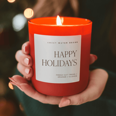 Happy Holidays Soy Candle - Red Matte Jar - 15 oz (Christmas) - Sweet Water Decor - Candles