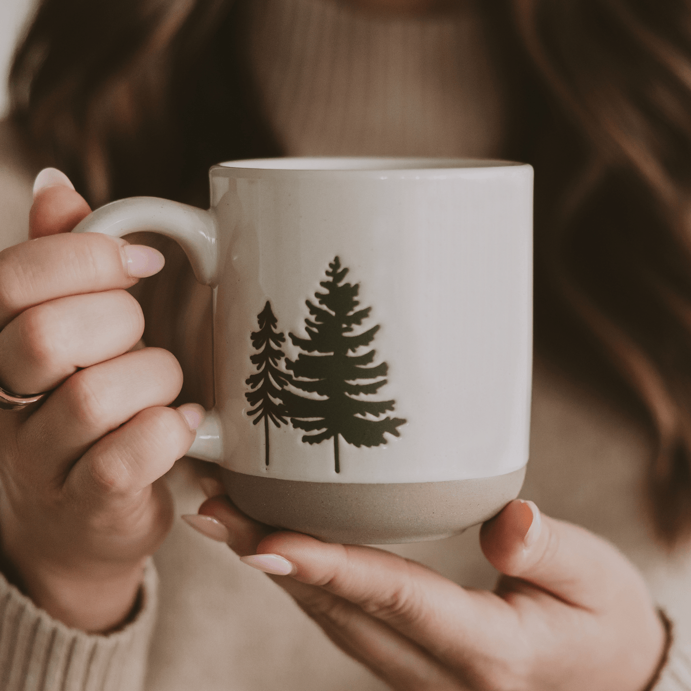 Green Trees 14oz. Cream Stoneware Coffee Mug - Sweet Water Decor - Coffee Mugs