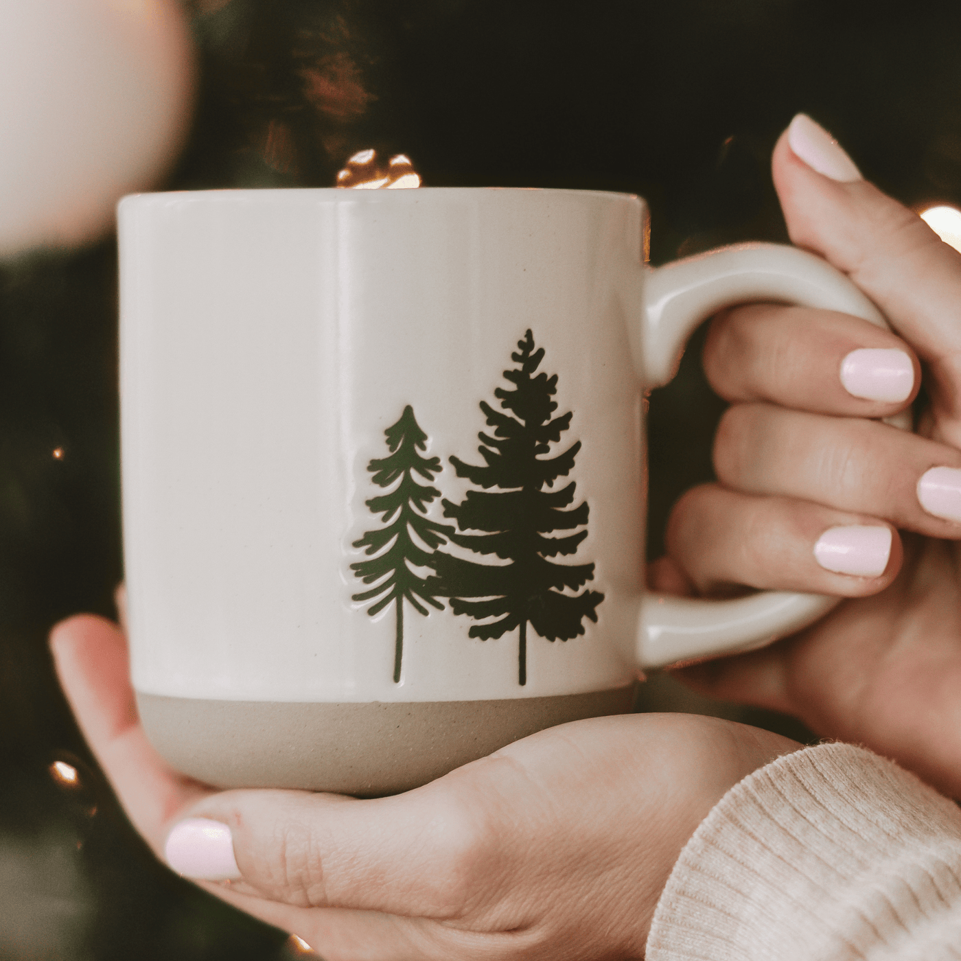 Green Trees 14oz. Cream Stoneware Coffee Mug - Sweet Water Decor - Coffee Mugs