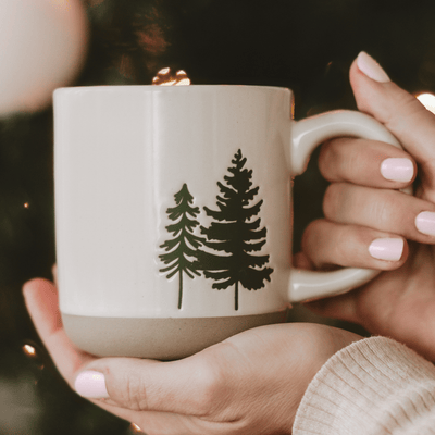 Green Trees 14oz. Cream Stoneware Coffee Mug - Sweet Water Decor - Coffee Mugs