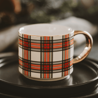 White Plaid 14oz. Gold Handle Coffee Mug - Sweet Water Decor - Coffee Mugs
